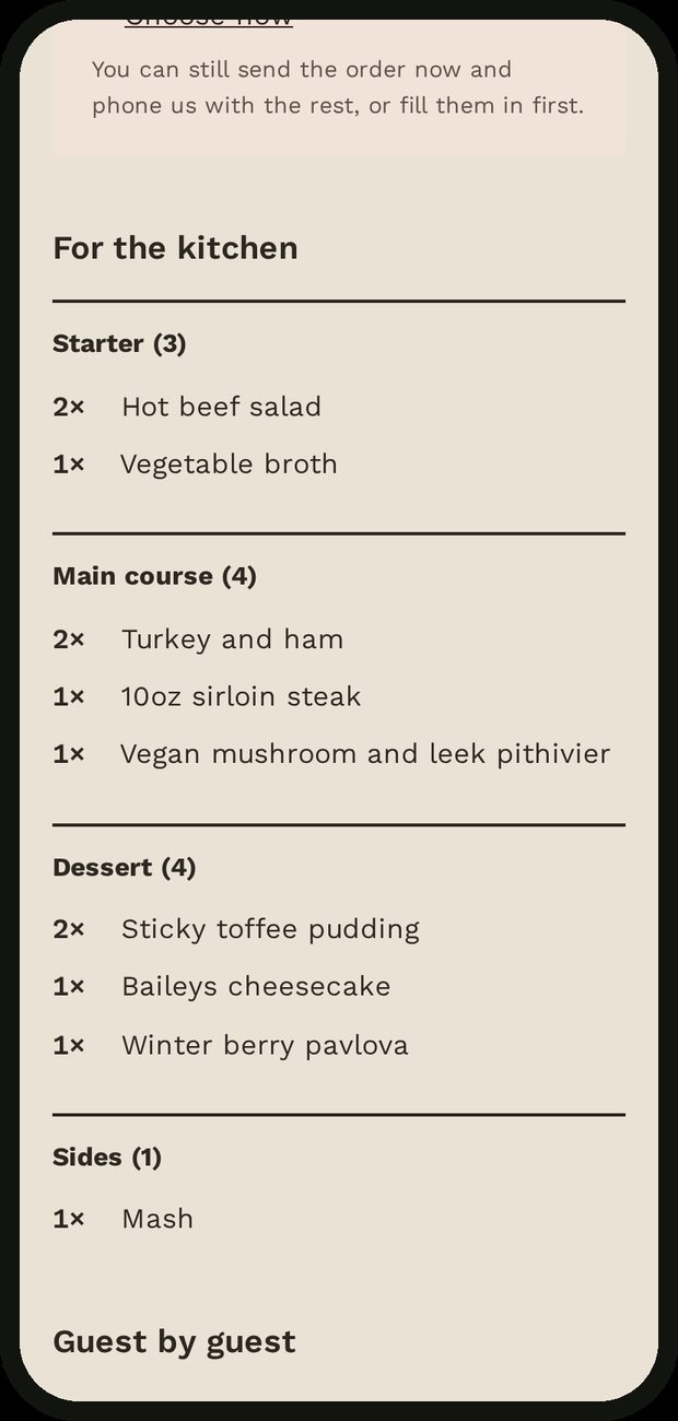 Kitchen order summary on a phone